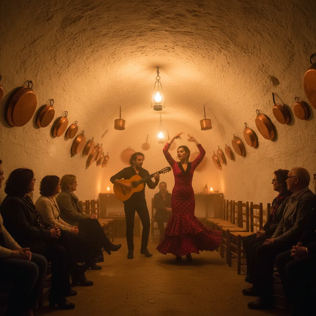 A flamenco zambra show inside a whitewashed Sacromonte cave in Granada, with copper pans on the walls and warm lighting