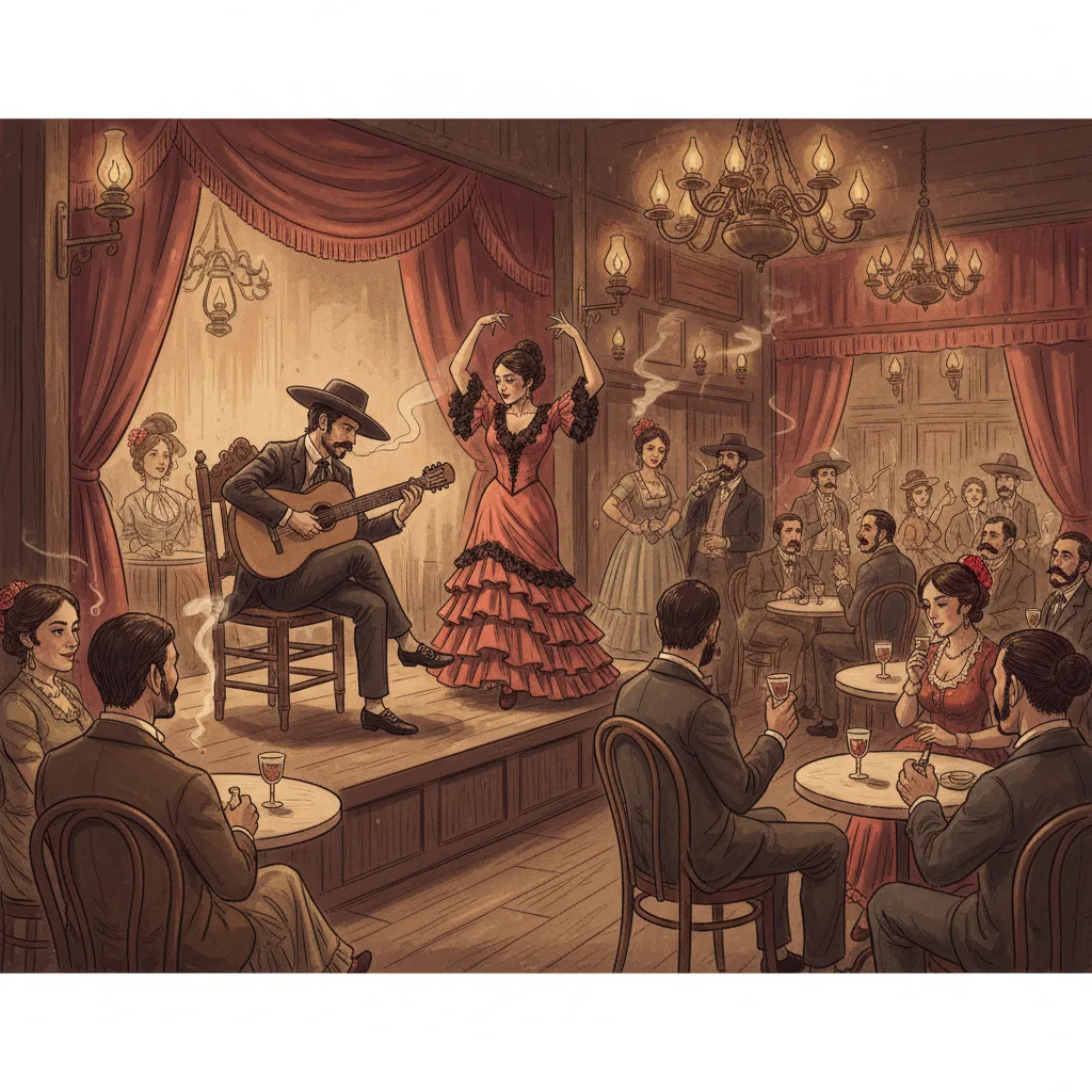 A 19th-century Andalusian café cantante scene with a flamenco guitarist and dancer performing by lamplight