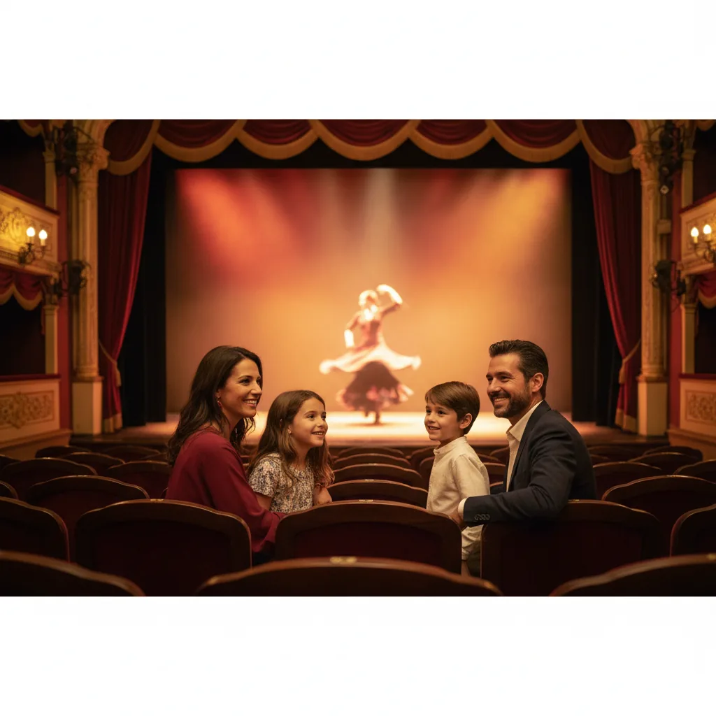 A family with children watching a live flamenco show in a Seville theater, the kids delighted by the dancer