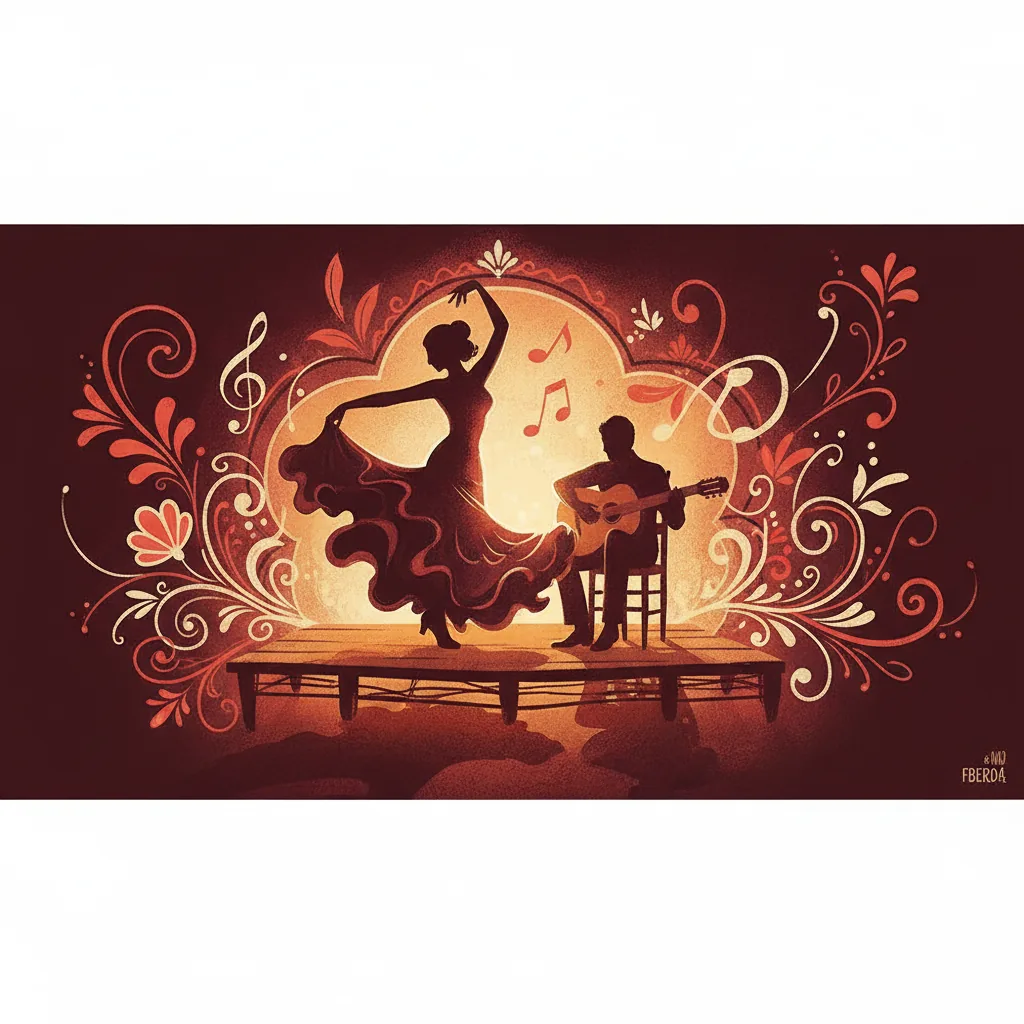 Illustrated flamenco dancer and guitarist on a Seville tablao stage