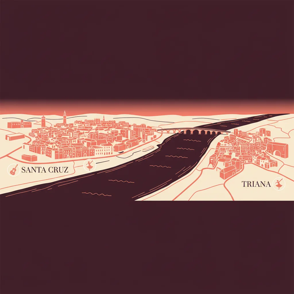 Illustrated map of Seville showing the Santa Cruz and Triana flamenco neighbourhoods across the Guadalquivir river