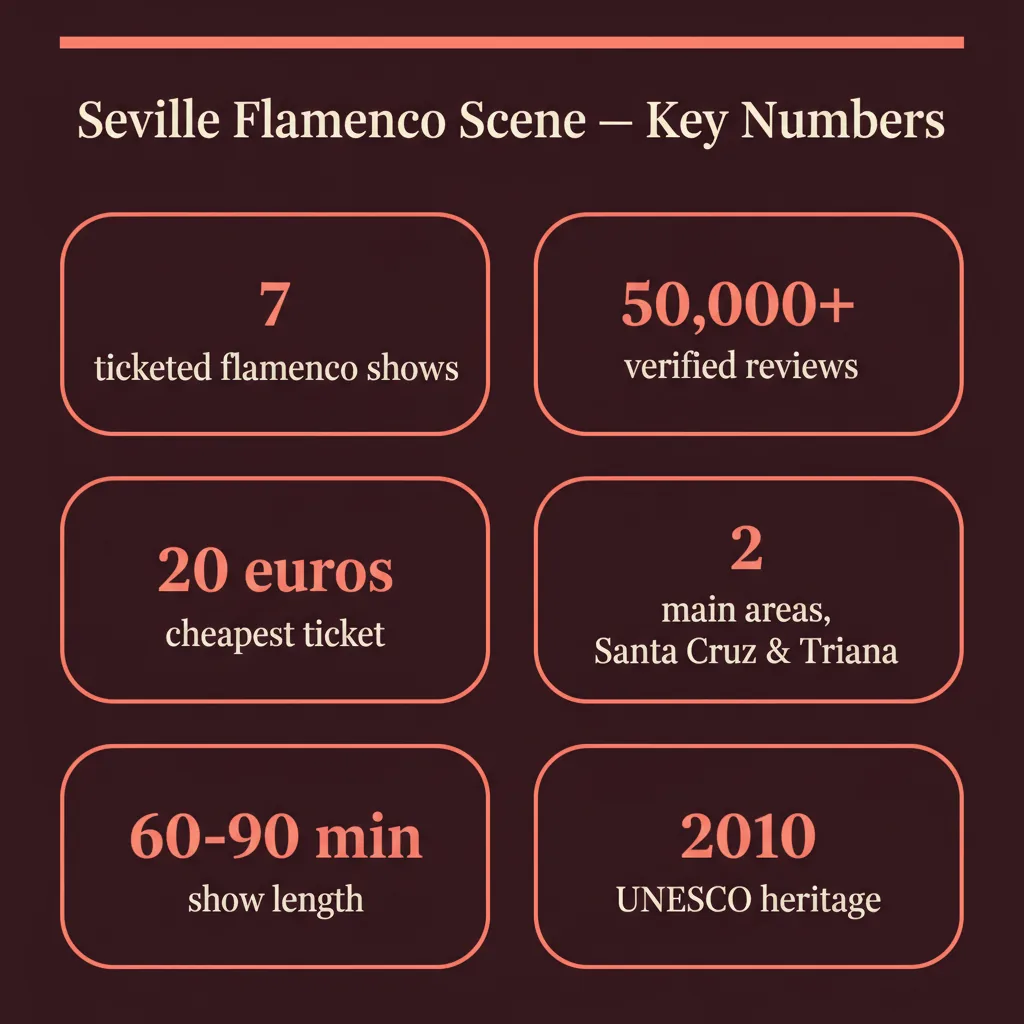 Infographic: 7 ticketed flamenco shows in Seville, 50,000+ reviews, from €20, 2 main areas, 60–90 minute shows, UNESCO heritage 2010