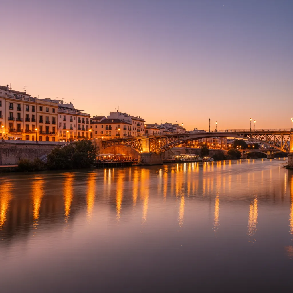 The Triana riverside in Seville at dusk — the Isabel II iron bridge over the Guadalquivir with Calle Betis bars lit up