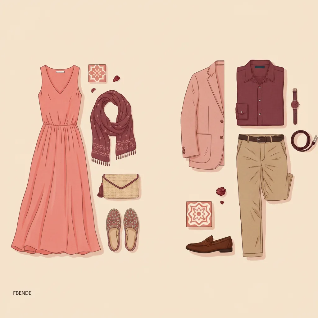 Flat-lay of smart-casual outfit ideas for a flamenco show in Seville — a flowy dress, chinos and shirt, comfortable shoes and a light layer