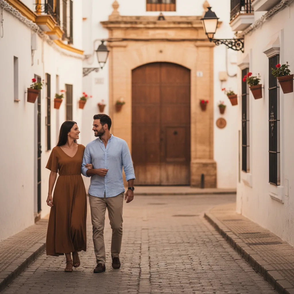 Smartly dressed couple in smart-casual outfits heading to a flamenco show in Seville's old town at dusk